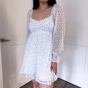 HOLLISTER Balloon-Sleeve, Blue & White Floral, Ruffle Mini Dress
